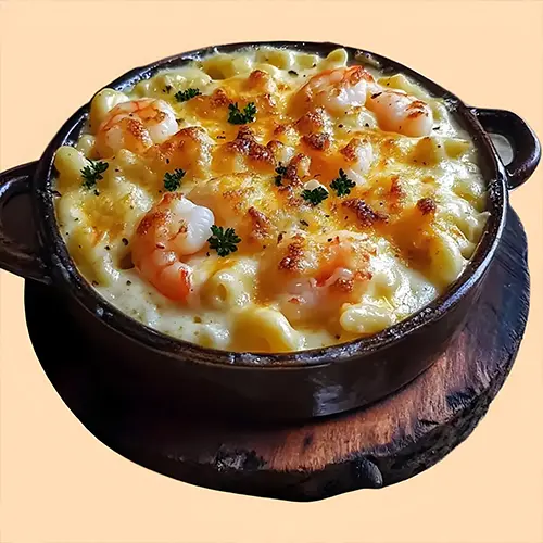 烤海鮮面食與白醬 